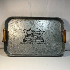 Fresh Butter Galvanized Tin Metal Tray 17x10.5x2 Rectangular Wood Handles Farm